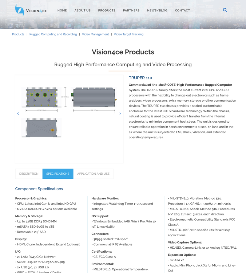 Vision4ce product detail page of website